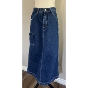 R.V.T Denim Maxi Skirt Womens 7/8 Blue Carpenter Utility Pocket Y2K 90s Long